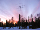 EME array on a tower at sunrise in Nikiski, Alaska, by Ed KL7UW.