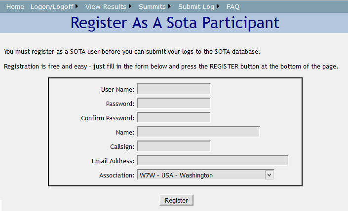 Screen to Register as a SOTA Particpant